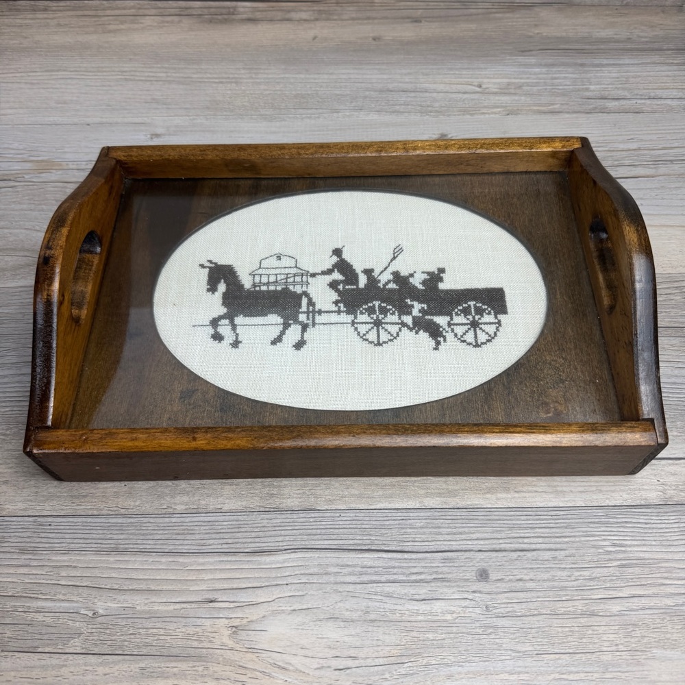 Cross stitch Horse and Buggy wood serving tray Vintage